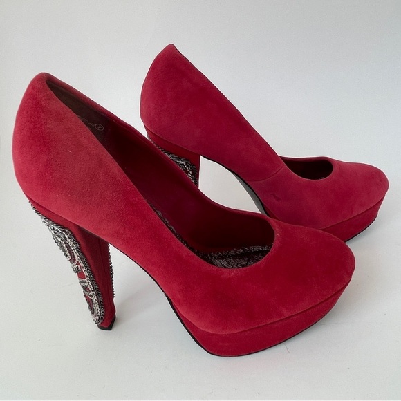 Naughty Monkey Red Suede Heels with Platform Sole - Picture 5 of 14